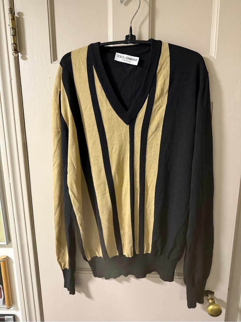 Dolce & Gabbana Black and Gold Vertical-Stripe V-Neck Sweater